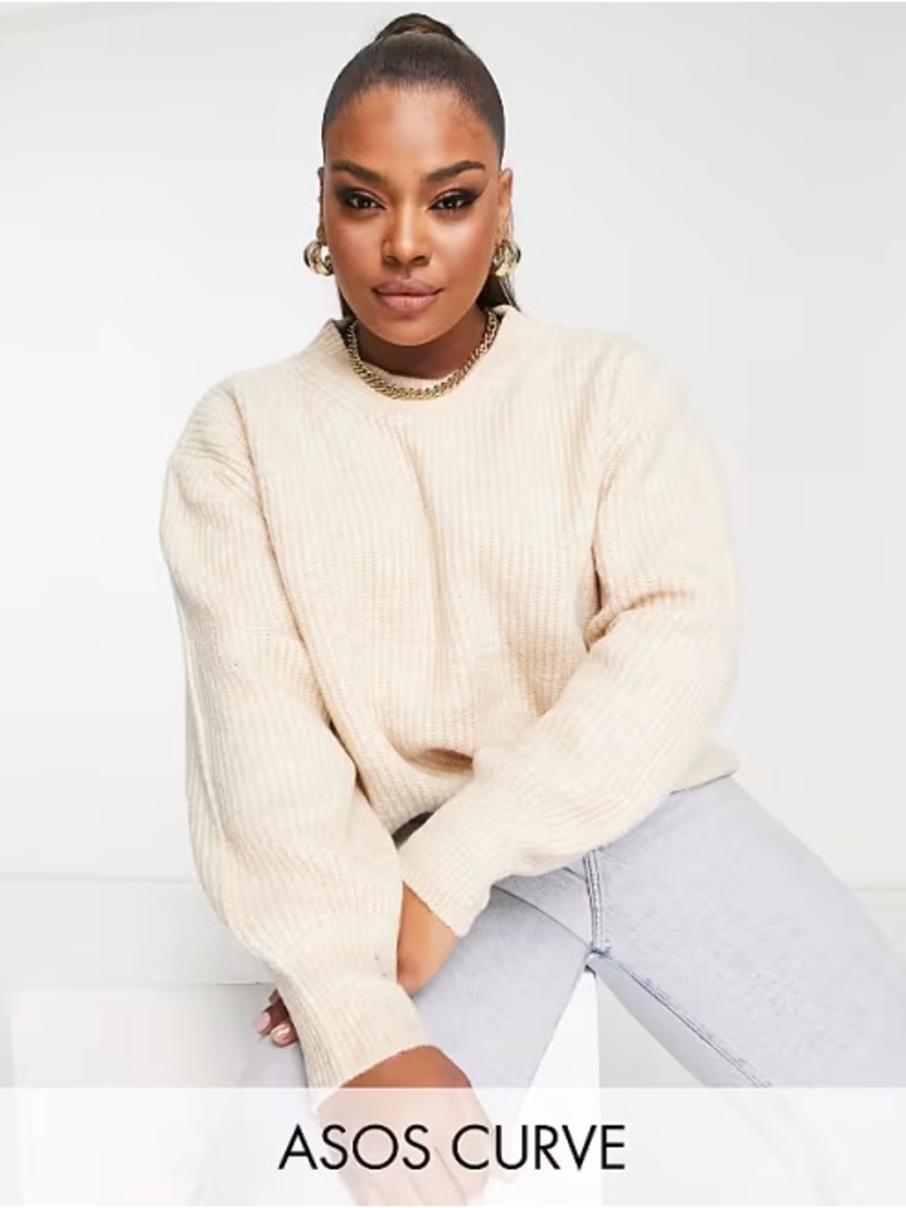 ASOS Curve Cream Ribbed Crewneck Sweater - Size US 16